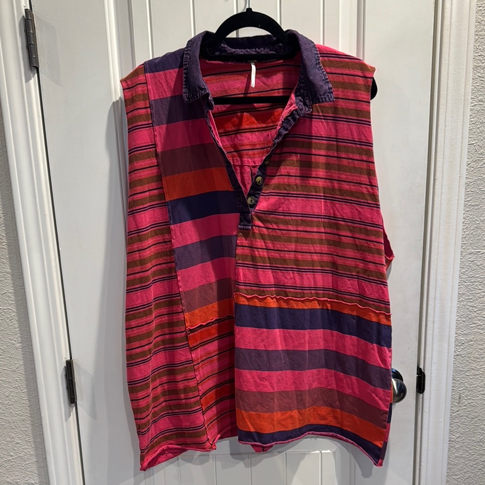 Free People Striped Sleeveless Polo Shirt Cover-Up
